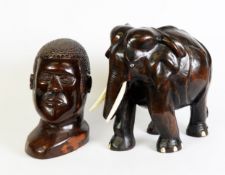 LARGE AFRICAN CARVED HARDWOOD MODEL OF AN ELEPHANT WITH BONE TUSKS AND DETAIL, 12" (30.5cm) HIGH AND