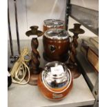 TWO OAK BISCUIT BARRELS WITH PLATED LIDS AND HANDLES AND SIMILAR TEA CANISTER AND A PAIR OF SPIRAL