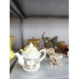 THREE MODERN CERAMIC NOVELTY TEAPOTS, AND MODERN COMPOSITION MODELS AND GROUPS OF ELEPHANTS, (6)