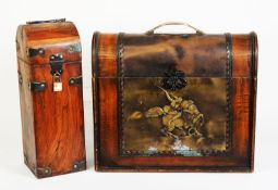 DOME TOPPED BENTWOOD BOX, TO HOLD FOUR BOTTLES OF WINE; A SIMILAR SINGLE BOTTLE BOX; AN OAK TWO