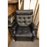 VINTAGE PARKER KNOLL RECLINING ARMCHAIR, IN LEATHER BUTTONED BACK AND SEAT (SMALL RIPS TO BACK)