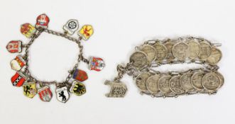 GERMAN SILVER (833 standard), CHARM BRACELET with thirteen silver shield shaped charms, each