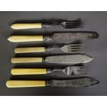 SET OF SIX PAIRS OF ELECTROPLATED FISH EATERS, with bone handles, SIMILAR PART SET OF EIGHT