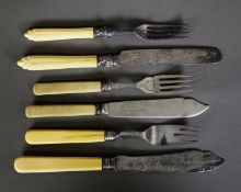 SET OF SIX PAIRS OF ELECTROPLATED FISH EATERS, with bone handles, SIMILAR PART SET OF EIGHT