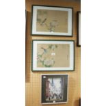PAIR OF MODERN CHINESE WATERCOLOURS ON FABRIC Birds and flowers 10 ¾” x 15” AFTER LOWRY COLOUR PRINT