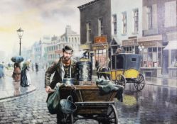 JOHN SEEREY LESTER (1945/46-2020) OIL ON CANVAS Bygone street scene with chestnut roaster pushing