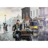 JOHN SEEREY LESTER (1945/46-2020) OIL ON CANVAS Bygone street scene with chestnut roaster pushing