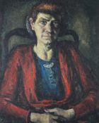 EMANUEL LEVY (1901 - 1986) OIL PAINTING ON BOARD 'An Irish Woman', half-length portrait, seated