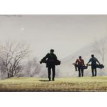 BOB LITTLEFORD FRSA BWS WATERCOLOUR DRAWING Three golfers walking between holes Signed 8in x 11in (