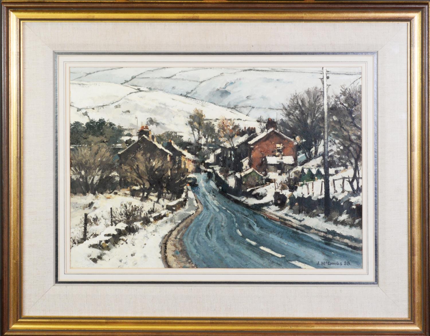JOHN McCOMBS (b.1943) OIL ON BOARD ‘Grains Road, Delph, Winter’ Signed and dated (19)88, titled - Image 2 of 2