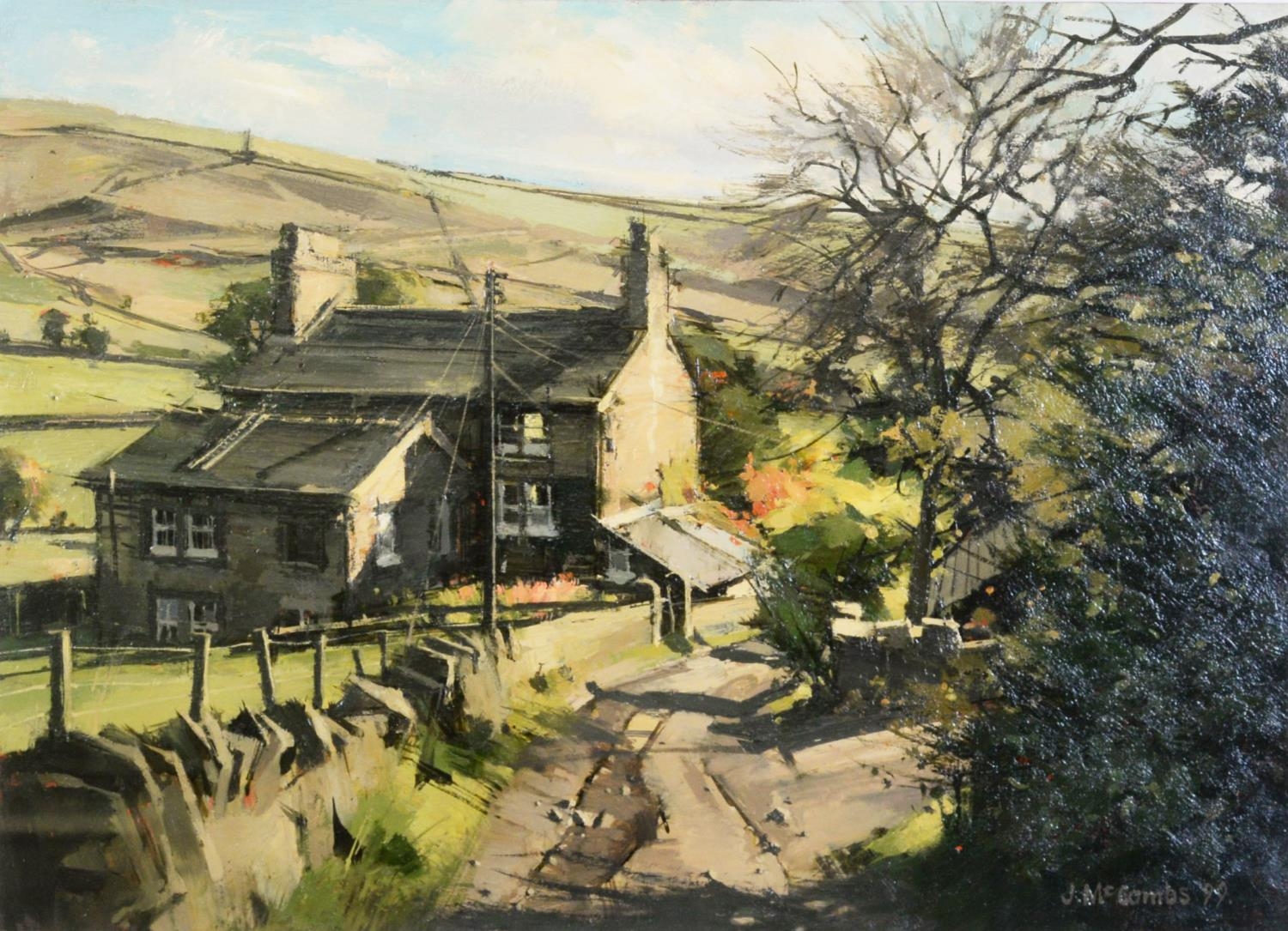 JOHN McCOMBS (b.1943) OIL ON BOARD ‘Dale Lane, Delph, Late Summer’ Signed and dated (19)99, titled