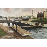 ROGER HAMPSON (1925 - 1996) OIL PAINTING ON BOARD Glasson Dock Signed lower right and titled and