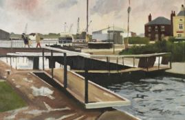 ROGER HAMPSON (1925 - 1996) OIL PAINTING ON BOARD Glasson Dock Signed lower right and titled and