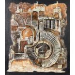 CYRIL BARNES (1927-2000) MIXED MEDIA RELIEF PLAQUE Semi abstract coastal townscape Signed 17 ¾” x 15