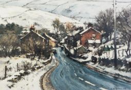 JOHN McCOMBS (b.1943) OIL ON BOARD ‘Grains Road, Delph, Winter’ Signed and dated (19)88, titled
