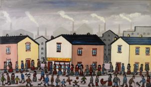HORSFIELD (TWENTIETH/ TWENTY FIRST CENTURY) ACRYLIC ON BOARD ‘Waiting for the Fish Shop to Open’