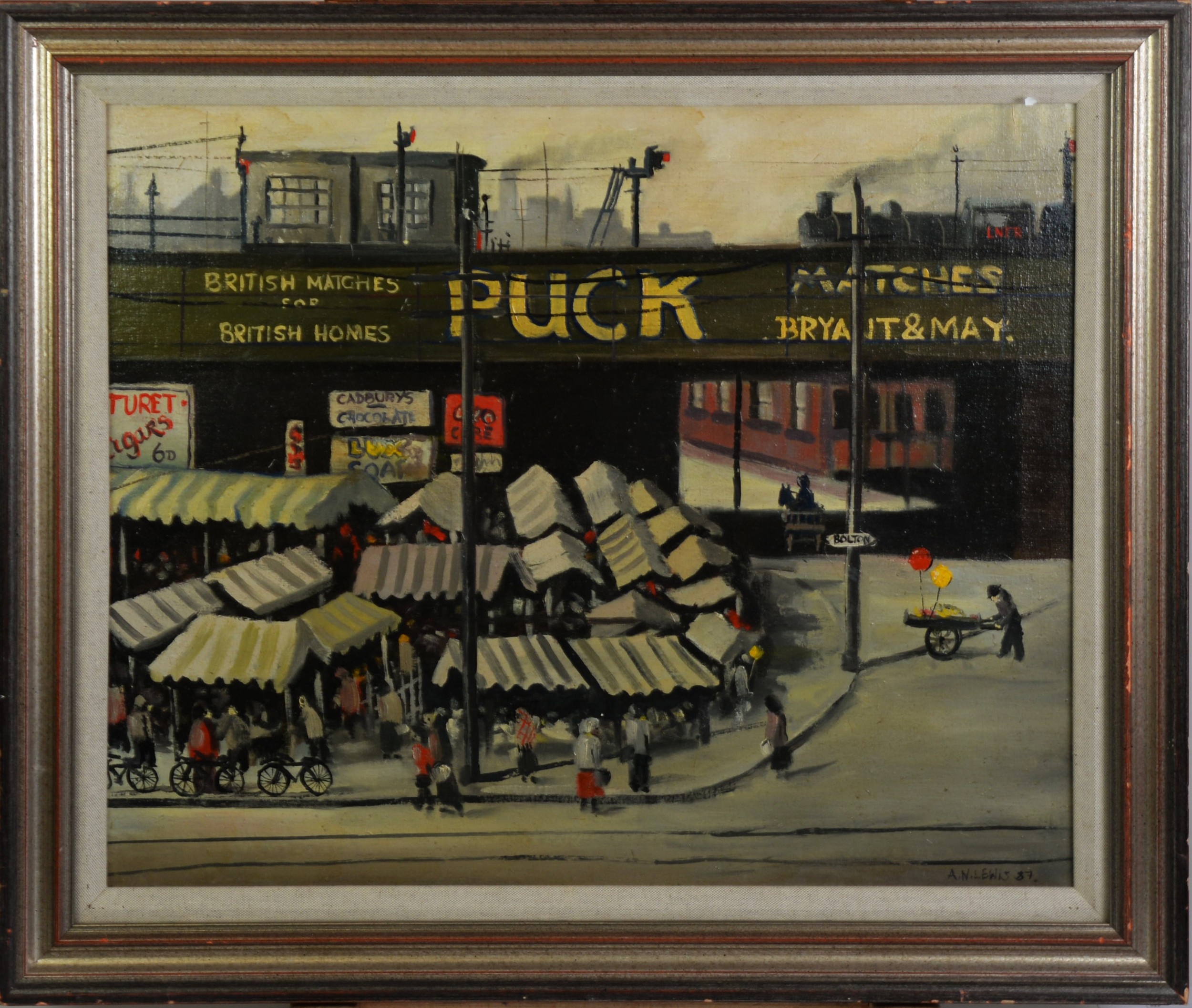 A.N. LEWIS OIL PAINTING Street market near Bolton Signed and dated (19)'87 lower right 16in x 19 3/ - Image 2 of 2