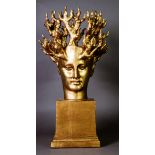 ORIEL HARWOOD (TWENTIETH/ TWENTY FIRST CENTURY) LUSTRE GLAZED CERAMIC SCULPTURE ‘Flame Head’