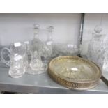TWO MALLET SHAPED CUT GLASS DECANTERS, FOUR VARIOUS CUT GLASS BRANDY BALLOONS, A LARGE FRUIT BOWL ON