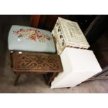 A STYLISH CABRIOLE LEG DRESSING TABLE STOOL, TWO WHITE PAINTED LINEN RECEIVERS AND A CARVED OAK