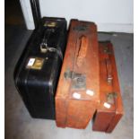TWO VINTAGE BROWN LEATHER SUITCASES AND A BLACK LEATHER SUITCASE (3)