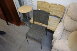 A SET OF THREE WICKER DINING TABLE CHAIRS WITH METAL FRAMES AND A BREAKFAST BAR STOOL (4)