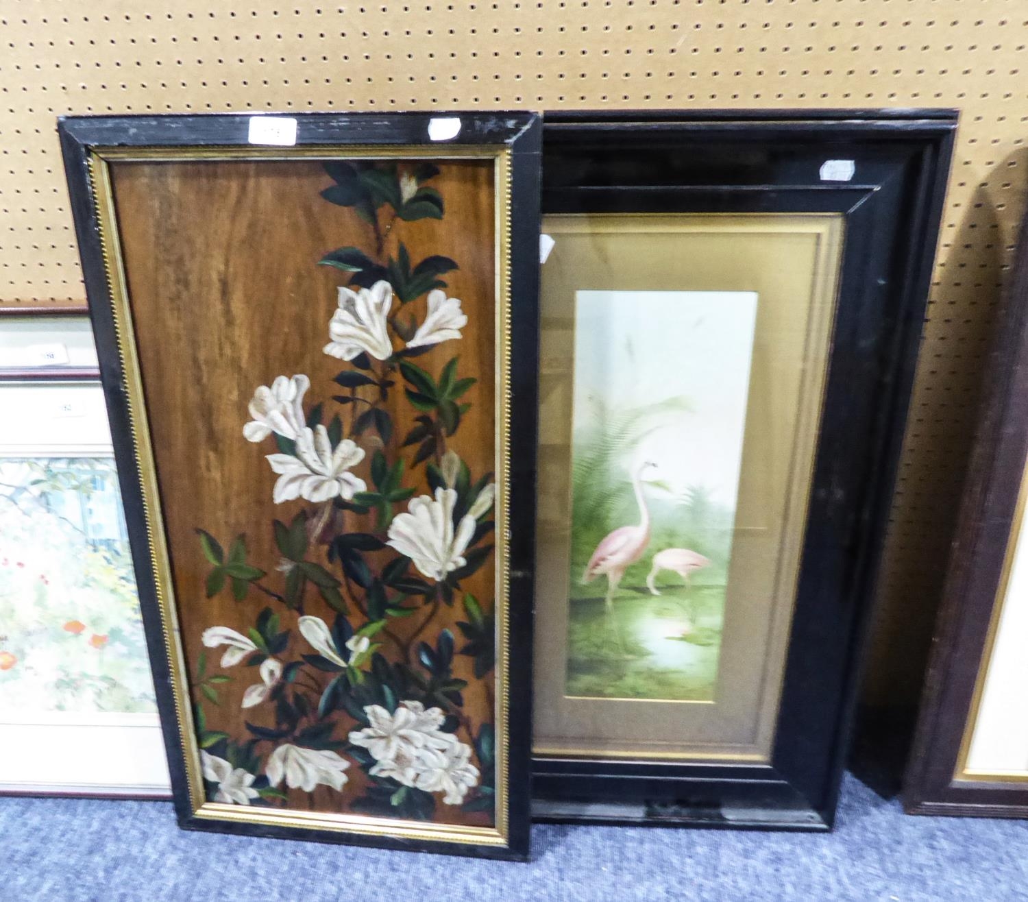 PAIR OF EARLY TWENTIETH CENTURY COLOUR PRINTS, FLAMINGO AND HERON IN LILY PONDS, IN WOOD EFFECT