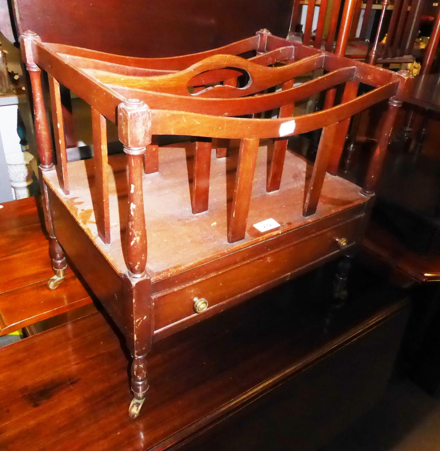 NINETEENTH CENTURY MAHOGANY CANTERBURY WITH QUADRANT LINED DRAWERS