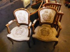 A PAIR OF LOUIS XVI STYLE CARVED BEECHWOOD OPEN ARMCHAIRS, COVERED IN PICTORIAL TAPESTRY