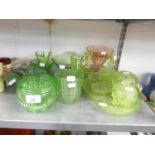 GREEN GLASS DRESSING TABLE SET OF 7 PIECES, INCLUDING THE OVAL TRAY AND A PAIR OF CANDLESTICKS AND