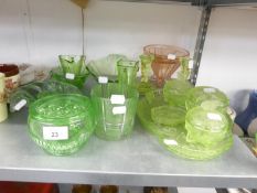 GREEN GLASS DRESSING TABLE SET OF 7 PIECES, INCLUDING THE OVAL TRAY AND A PAIR OF CANDLESTICKS AND