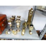 A SET OF SIX SILVER PLATED WINE GOBLETS, A MINIATURE GRANDFATHER CLOCK, ITEMS OF BRASS- WARES TO