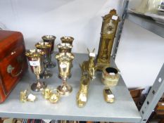 A SET OF SIX SILVER PLATED WINE GOBLETS, A MINIATURE GRANDFATHER CLOCK, ITEMS OF BRASS- WARES TO