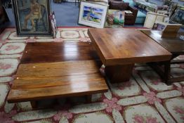 TWO INDONESIAN TEAK GRADUATED SQUARE TABLES, 39 1/2" X 39 3/4" (100cm x 101cm) and SMALLER (2)