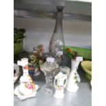 TWO CUT GLASS PERFUME ATOMISERS AND A CERAMIC PERFUME ATOMISER AND A PERRIER BOTTLE ETC....