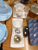 POOLE DOLPHIN, LILY PAD DISH, PRAWN HORS D’OEUVRES TRAY, TWO POTS AND A LASAGNE DISH [6]