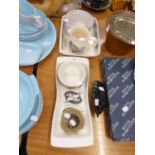 POOLE DOLPHIN, LILY PAD DISH, PRAWN HORS D’OEUVRES TRAY, TWO POTS AND A LASAGNE DISH [6]