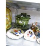 A POTTERY CABBAGE FORM TUREEN, COVER AND STAND, FOUR SMALL ITEMS OF SOUVENIR CERAMICS