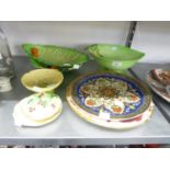 ROYAL CROWN DERBY 'OLD NEWBURY' PATTERN CHINA PLAQUE, ANOTHER CERAMIC PLAQUE AND A CARLTON WARE LEAF