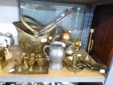 A PAIR OF BELLOWS; A BRASS HELMET SHAPED COAL BUCKET AND A HAMMERED PEWTER PINT TANKARD AND OTHER