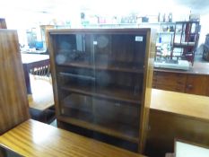 SAPELE MAHOGANY BOOKCASE WITH TWO PAIRS OF GLASS SLIDING DOORS ENCLOSING THREE ADJUSTABLE SHELVES,