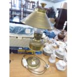 GAS STYLE BRASS TABLE LAMP, BRASS RESERVOIR AND SHADE