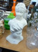 WHITE PAINTED PLASTER BUST OF A YOUNG CHILD, ON SOCLE BASE, 16 ½” (42cm) high, together with a