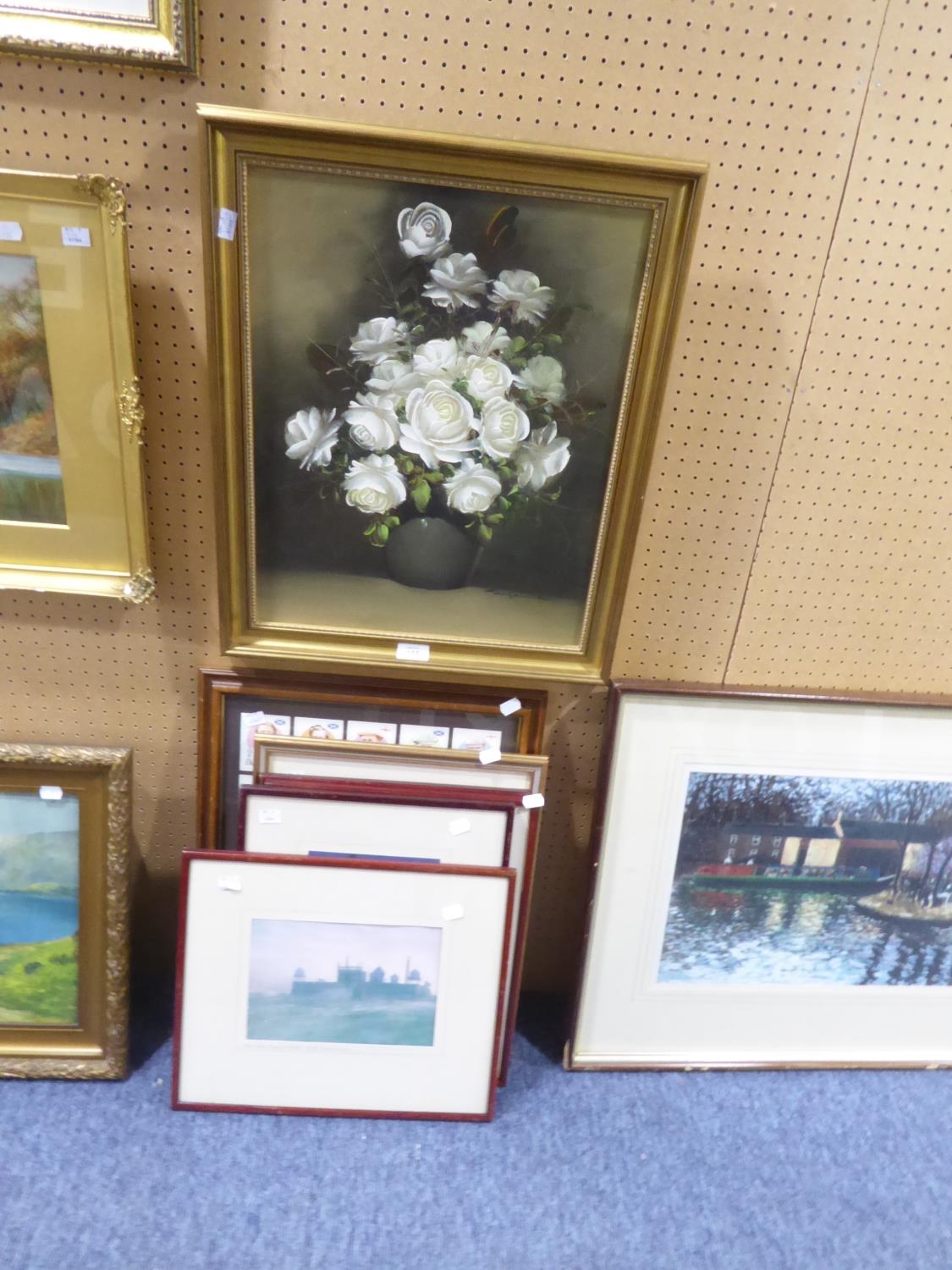 MODERN STUDIO OIL PAINTING OF FLOWERS; A FRAMED SET OF OPEN GOLF CHAMPIONS CARDS, A JUDY BOYES