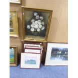 MODERN STUDIO OIL PAINTING OF FLOWERS; A FRAMED SET OF OPEN GOLF CHAMPIONS CARDS, A JUDY BOYES