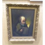 UNATTRIBUTED OIL PAINTING ON CANVAS BEARDED OLD MAN READING A BOOK SIGNED AND DATED (19)’79