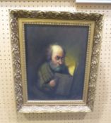 UNATTRIBUTED OIL PAINTING ON CANVAS BEARDED OLD MAN READING A BOOK SIGNED AND DATED (19)’79