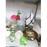 A LARGE BLACK AND OPAQUE WHITE GLASS SKITTLE SHAPED VASE AND MISC GLASS WARES AND METAL FRAMED GLASS