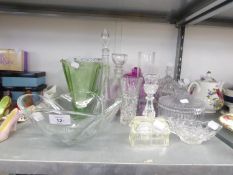 QUANTITY OF GLASSWARES TO INCLUDE; STYLISH GLASS BOWL, DECANTERS, VASES, BOWLS AND COVERS ETC...