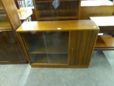 SAPELE MAHOGANY BOOKCASE WITH GLASS SLIDING DOOR AND END CUPBOARD, 3’4” WIDE, 2’5” HIGH